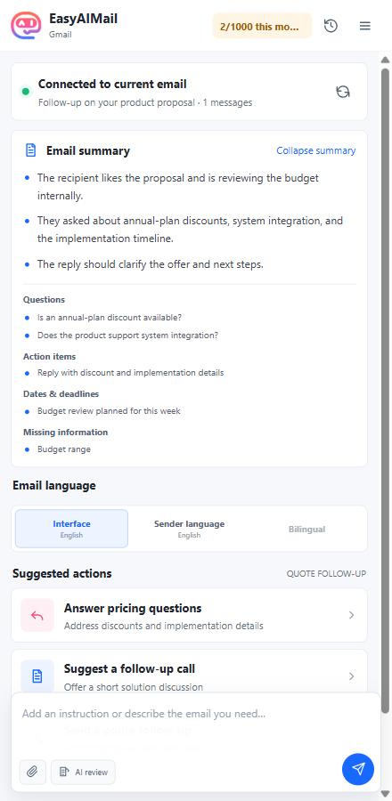 EasyAImail browser extension organizing the current email summary, questions, and suggested actions