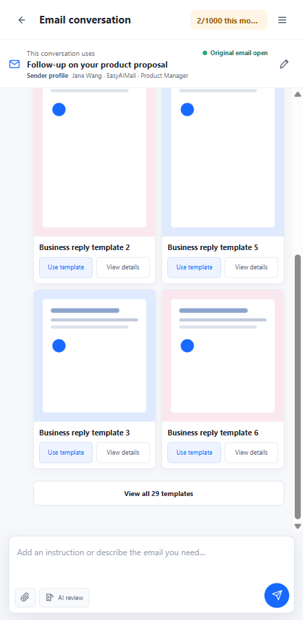EasyAImail browser extension recommending and displaying email templates