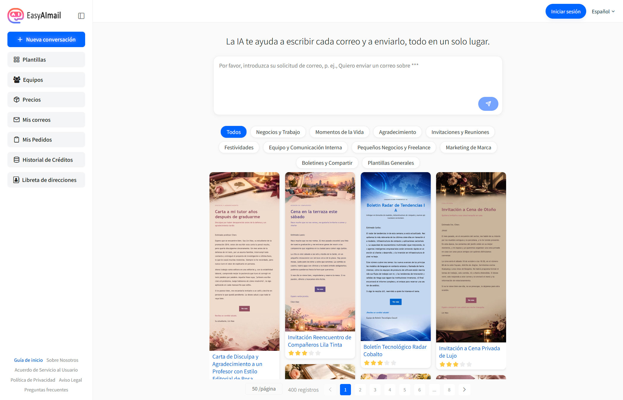 Interfaz de EasyAImail para describir el correo, elegir una plantilla y revisar el resultado final
